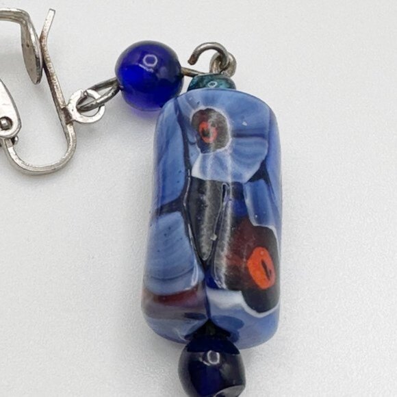 Vintage Venetian Murano Glass Bead Blue Dangle Earrings Clip On - Picture 5 of 5